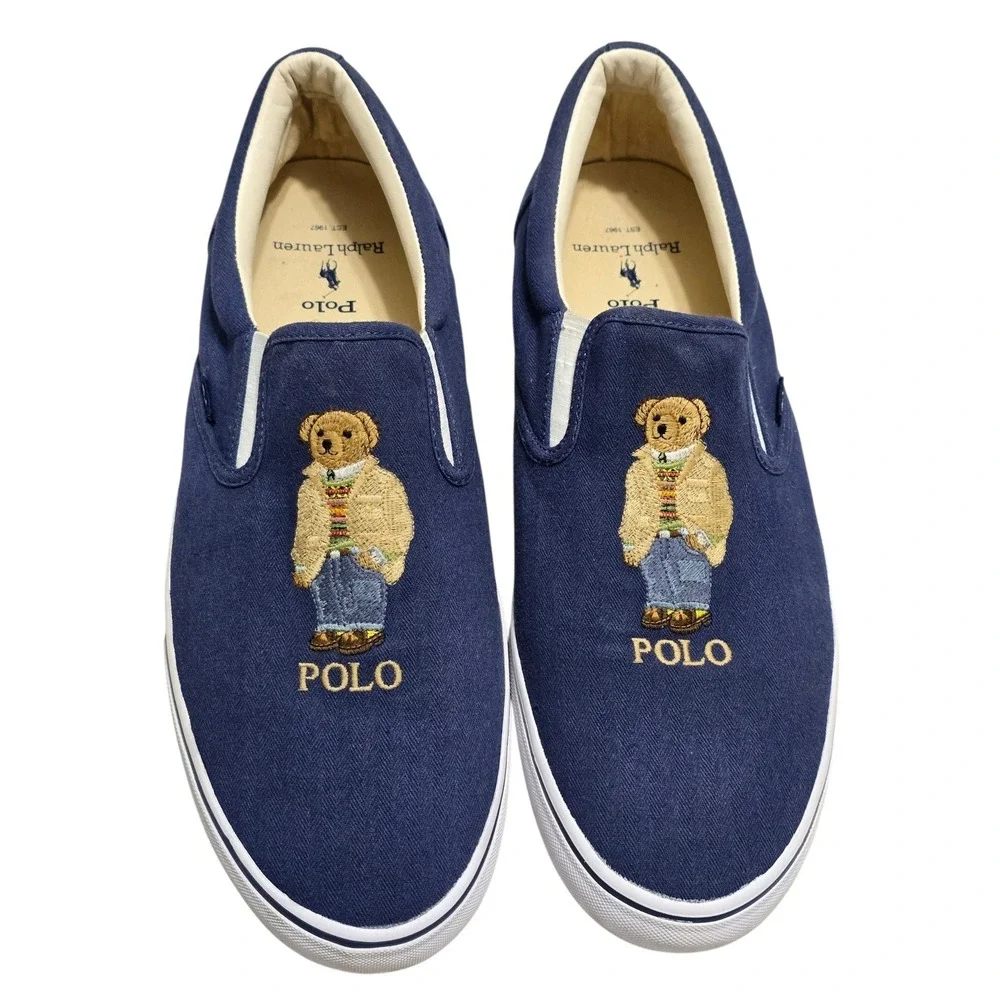 Polo Ralph Lauren Thompson Navy Herringbone Canvas Polo Bear Slip On Shoes 14D